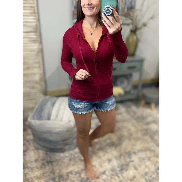 ❤️‍🔥Waffle Thermal Zip Up Kangaroo Pocket Hoodie Wine 4422 - Picture 5 of 7